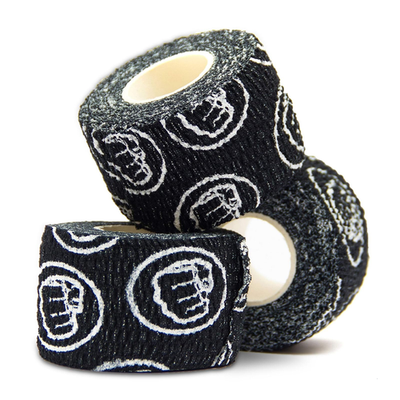 Flexible fabric Wod Nation weightlifting hook grip athletic tape on thumb and fingers for support during lifting exercises.