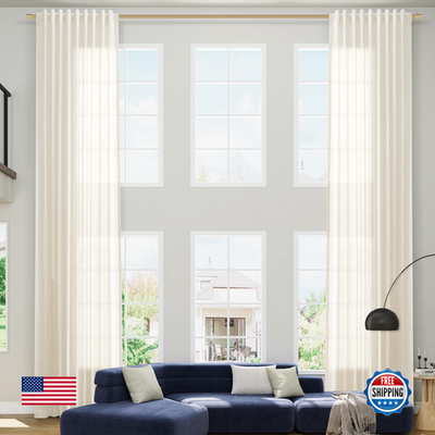 Nanspring Natural Extra Long Linen Curtains in 132 inches, hanging in a living room with sunlight filtering through.