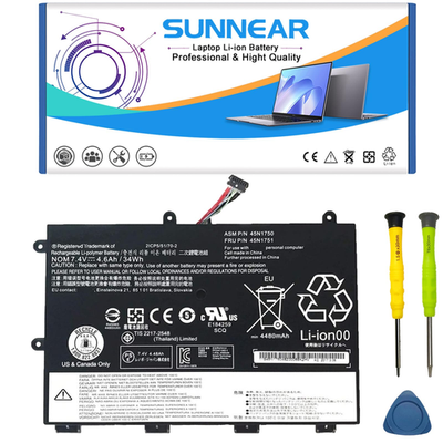 Laptop battery replacement for Lenovo ThinkPad Yoga 11E, Sunnear 45N1750 45N1751 model, shown in image with connectors and casing.