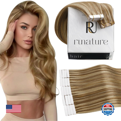 Runature blonde tape-in hair extensions, 18-inch seamless human hair extensions, showcasing smooth, natural blonde strands.