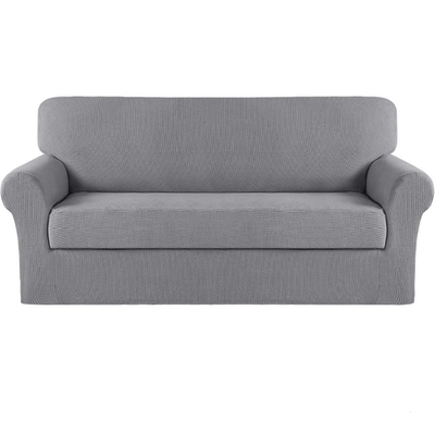 Turquoize stretch sofa slipcover in turquoise for 3-cushion couch, two-piece set, protects and updates the living room furniture.