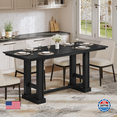Wooden farmhouse dining table for 6-8 people, 70 inches long, sturdy kitchen table with natural wood finish.