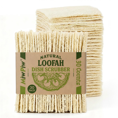 Miw Piw natural loofah dish sponge 30-pack, biodegradable and compostable dishwashing scrubbers for eco-friendly cleaning.