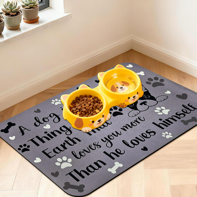 Waterproof grey pet feeding mat with non-slip backing and absorbent surface for dogs and cats