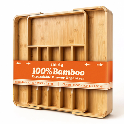 Adjustable bamboo silverware drawer organizer with multiple compartments for kitchen utensils and cutlery storage.