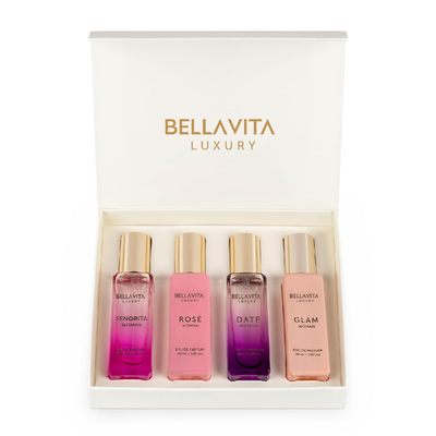 BellaVita Luxury women's perfume gift set with four 20ml bottles featuring floral, sweet, and spicy fragrance scents.