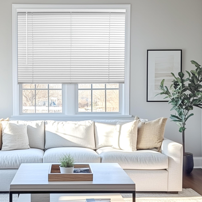 Chicology white mini vinyl blinds for indoor windows, 31W x 48H, horizontal window treatment for light control and privacy.