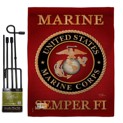 Marine Corps Burlap Garden Flag by Breeze Decor featuring USMC emblem, displayed with a garden flag stand.