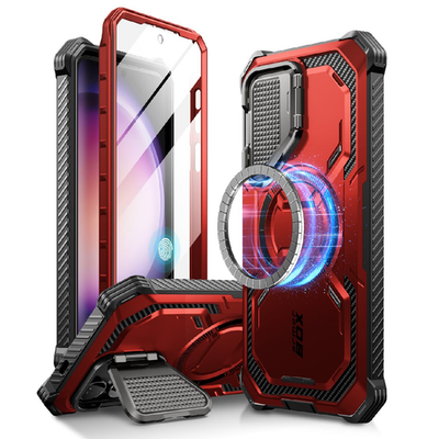 i-Blason S24 case with built-in MagSafe stand, camera cover, and screen protector for iPhone, featuring a sleek protective design.