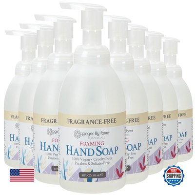 Unbranded Ginger Lily Farms Botanicals all-purpose foaming hand soap refill bottle with floral label and pump dispenser.