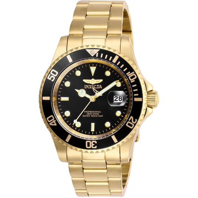 Invicta Pro Diver men's gold quartz watch with 20mm stainless steel band, displayed in a new box.