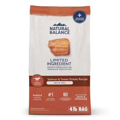 Bag of Natural Balance limited ingredient grain-free salmon and sweet potato dry dog food with a brown and orange packaging design.