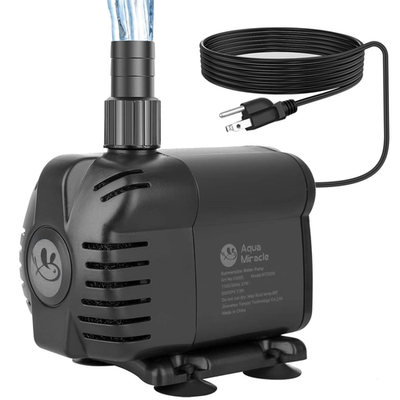 AquaMiracle 1160Gph submersible water pump with high lift for ponds and aquariums, shown submerged in water.