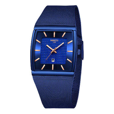 NIBOSI men's square quartz watch with stainless steel band, blue dial, and 3ATM water resistance.