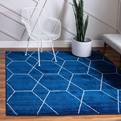 Navy blue geometric area rug from Unique Loom Trellis Frieze Collection with a modern square pattern.