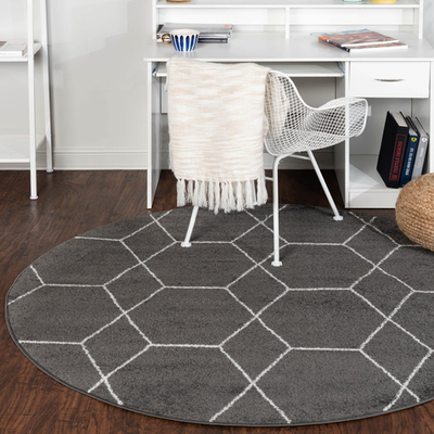 Dark gray geometric round area rug from Unique Loom Trellis Frieze Collection, featuring a modern trellis pattern.