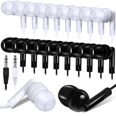 Kanayu 100-pack bulk earbuds with 3.5mm jack, individually bagged for students, showing black in-ear earphones with cord.