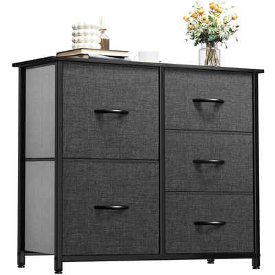 YITAHOME fabric dresser with five drawers, wide storage, ideal for bedroom organization and stylish fabric storage bins.