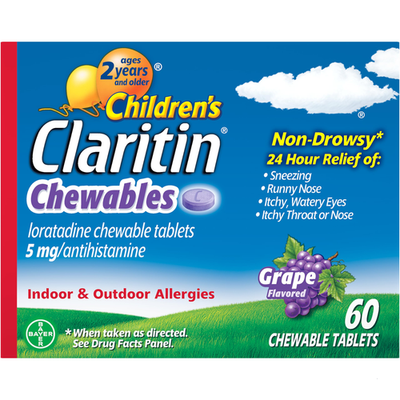 Children's Claritin Chewables allergy medicine in grape flavor, 60 chewable tablets for 24-hour allergy relief.