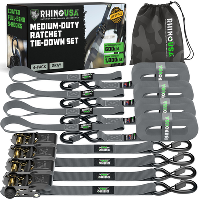 Rhino USA ratchet straps tie downs 4-pack, 1 inch by 15 feet, durable nylon webbing with 1823 lb break strength, shown coiled