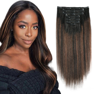ABH AMAZINGBEAUTY HAIR Yaki Straight Clip-in Hair Extensions in Rooted Black, natural black color, showing the hair’s texture and length