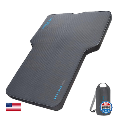 Lost Horizon camping air mattress and foam self-inflating sleeping pad, shown rolled out with surface texture and built-in inflation features.