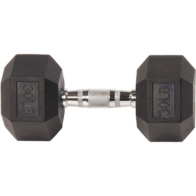 Black rubber-encased hex dumbbell by Fitvids, SPZ-Hex30S, with textured grip and weight markings, ideal for strength training.