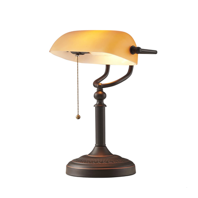 Newrays orange glass bankers desk lamp with matted finish, pull chain switch, plug-in fixture for office or desk lighting.