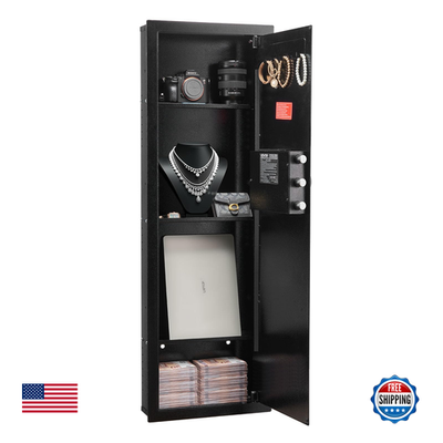 Vevor 43.3-inch high wall safe with four tiers, hidden wall-mounted gun safe featuring keypad and key lock security system.