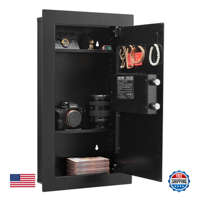 Vevor 25.6-inch high wall safe with 3-tier storage, hidden design, keypad lock, and key access for secure storage.
