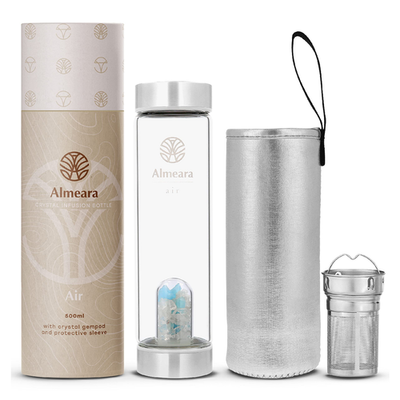 Almeara crystal water bottle with aquamarine and clear quartz, BPA-free and lead-free, featuring a sleek glass design with gemstone accents.