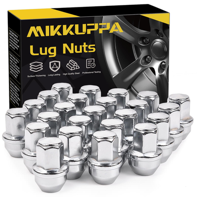 Mikkuppa chrome M14x1.5 F150 lug nuts, OEM style, 24-piece set for Ford trucks, showing shiny metal finish and threading details.