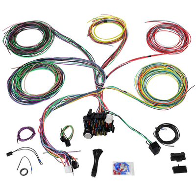 JY PERFORMANCE universal 21 circuit wiring harness kit with extra long wires, shown with multiple connectors and wiring components.