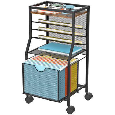 BOHDK 6-tier rolling file cart with lockable wheels, brown wood finish, ideal for desk organization and storage.