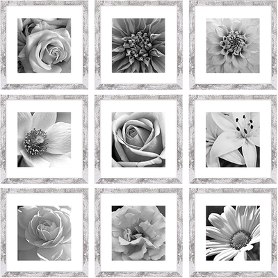 Eletecpro 12x12 picture frame set of 9 with mats for 8x8 photos, showcasing sleek black frames with white mats.