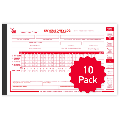 Set of 10 BUCK TAPE truck driver daily log books with 7 and 8 day recap pages, DOT compliant, designed for professional truck drivers.