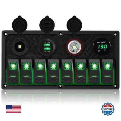 Marine switch panel with 8 rocker switches for 12/24V, unbranded toggle switch panel for boats and marine vehicles.