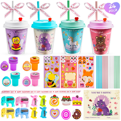 24-pc Valentine’s Day Gifts classroom stationery set with mugs, cards, stickers, erasers, pencils, sharpeners, stamps, and ribbons in pastel colors