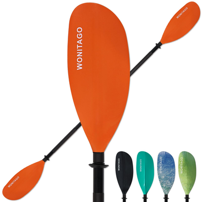 Wonitago kayak paddles with alloy shafts and PP blades, floating kayaking oars for smooth rowing and durability.