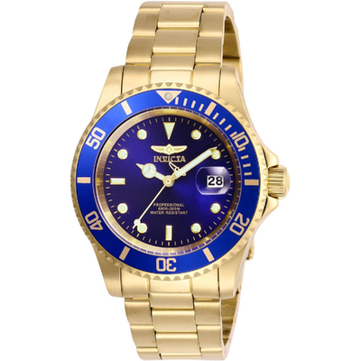 Invicta men's Pro Diver quartz watch with stainless steel gold and blue dial, featuring a round face and bracelet strap.