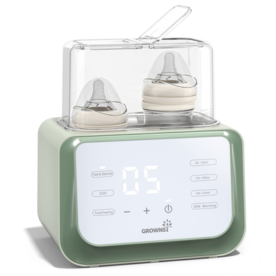 GROWNSY Baby Bottle Warmer 8-in-1 milk warmer with timer for breastmilk or formula, showing digital display and adjustable settings.