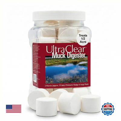 Ultraclear Pond Muck Remover Tablets in a container, designed for pond treatment, with 32 tabs for effective muck removal and pond health.