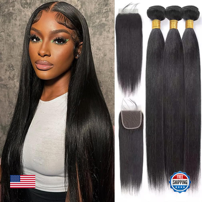 Black human hair bundles and closure set featuring straight texture, natural appearance, and seamless integration for stylish hair extensions.