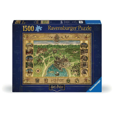 Ravensburger 1500-piece Harry Potter Hogwarts Map jigsaw puzzle showing key wizarding world locations and house crests