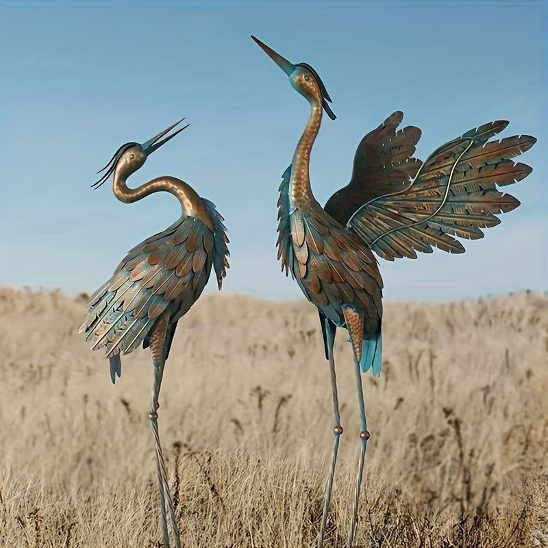 Set of 2 metal crane statues, bird sculptures for yard decor, designed for garden and outdoor landscaping.