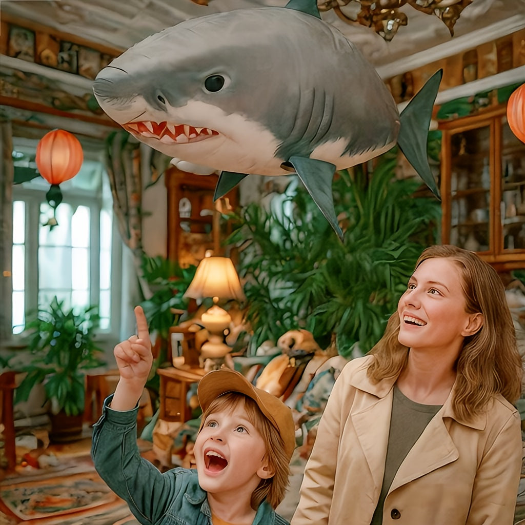 Remote-controlled gliding shark inflatable balloon by Temu, realistic flying shark toy with remote control for indoor or outdoor play.