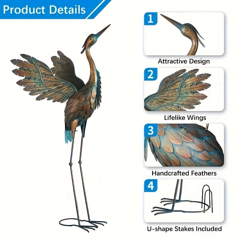 Set of 2 metal crane statues featuring heron designs for garden yard decor, perfect bird sculptures for outdoor spaces.
