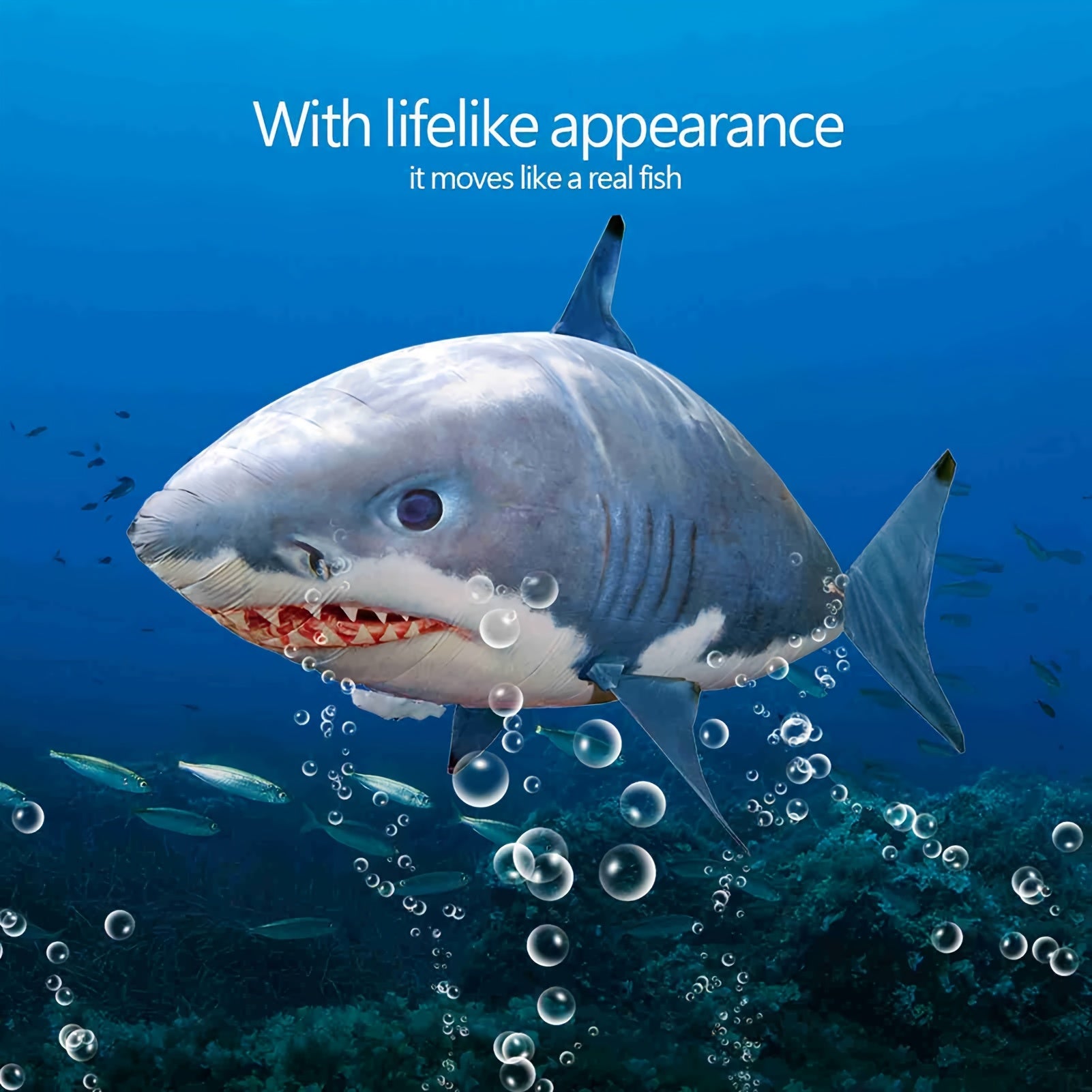 Remote-controlled gliding shark inflatable balloon by Temu, showcasing a realistic flying shark with remote control features.