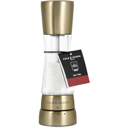 Cole & Mason Derwent Salt Grinder, 7.5" Salt Mill, Matte Gold - Product Imagery