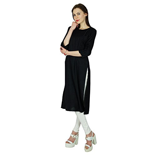 Women Black Rayon Kurta Kurti 3/4 Sleeve Formal Casual Tunic - Product Imagery